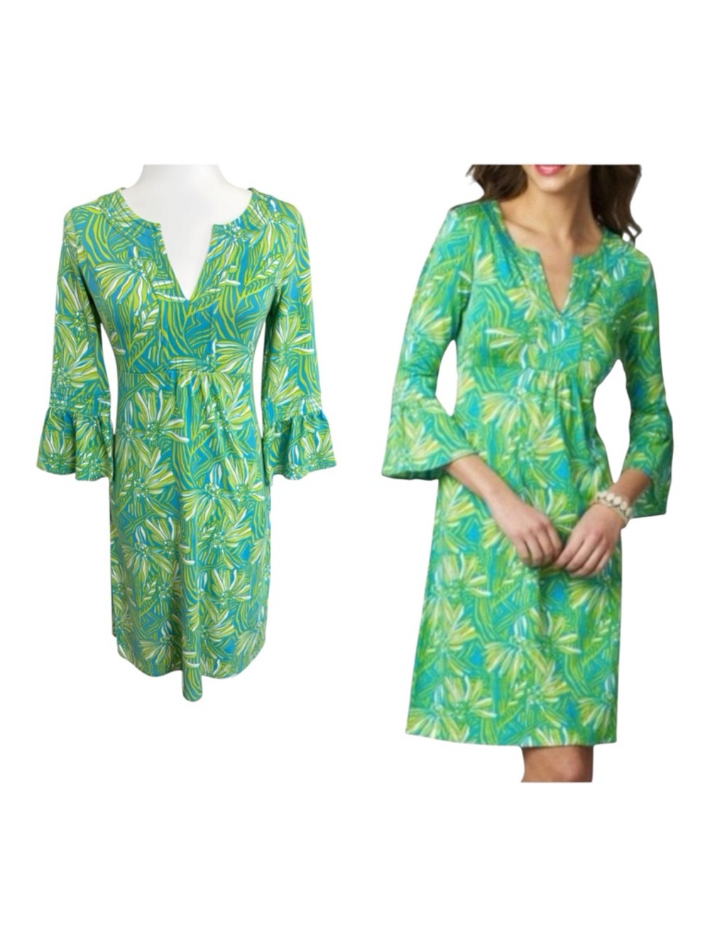 Lilly Pulitzer Twyla Dress S Silk Blend Green Blue Floral Tunic Shift Bell Sleev